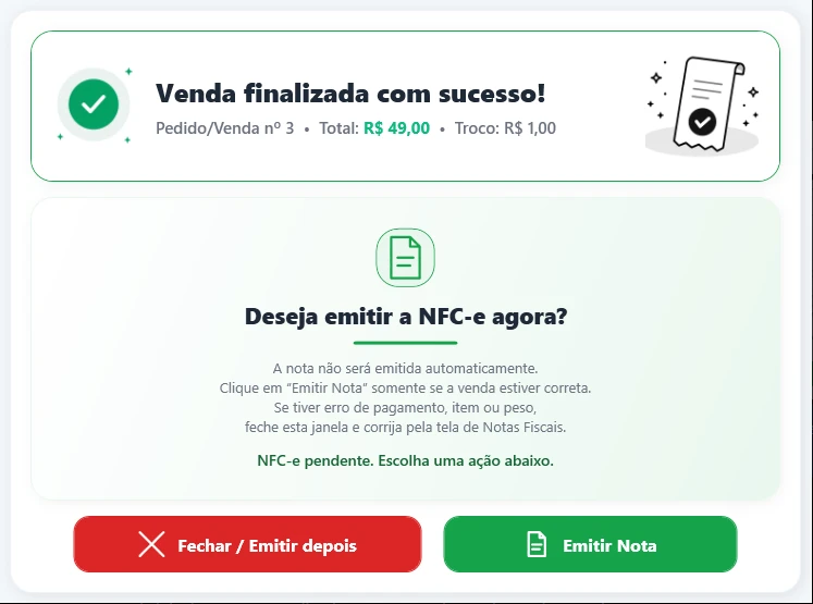 Tela real do ESZ PDV com opção de emitir NFC-e após a venda